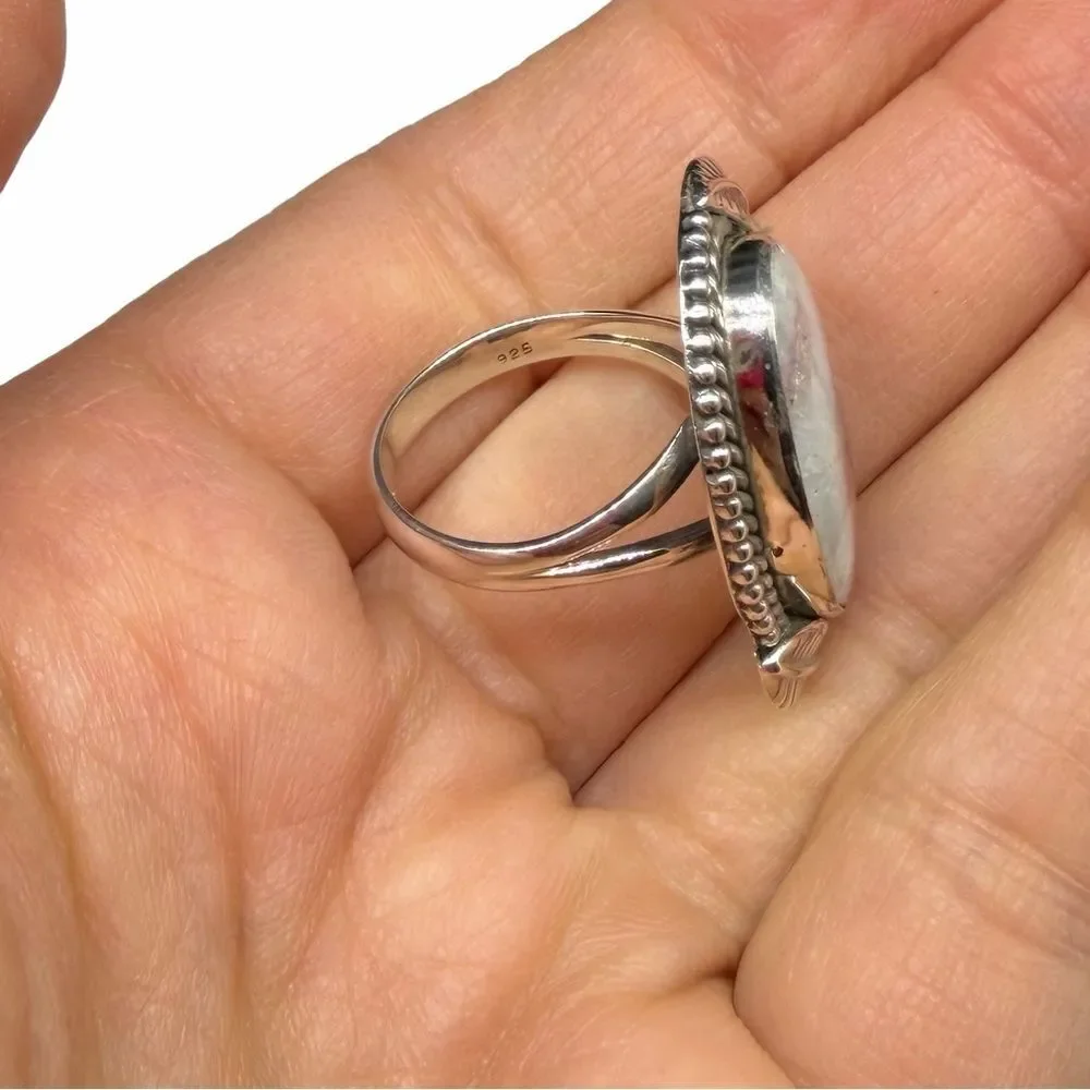 Cinnabar Ring Size 7 Solid 925 Sterling Silver Etched Leaves Oval